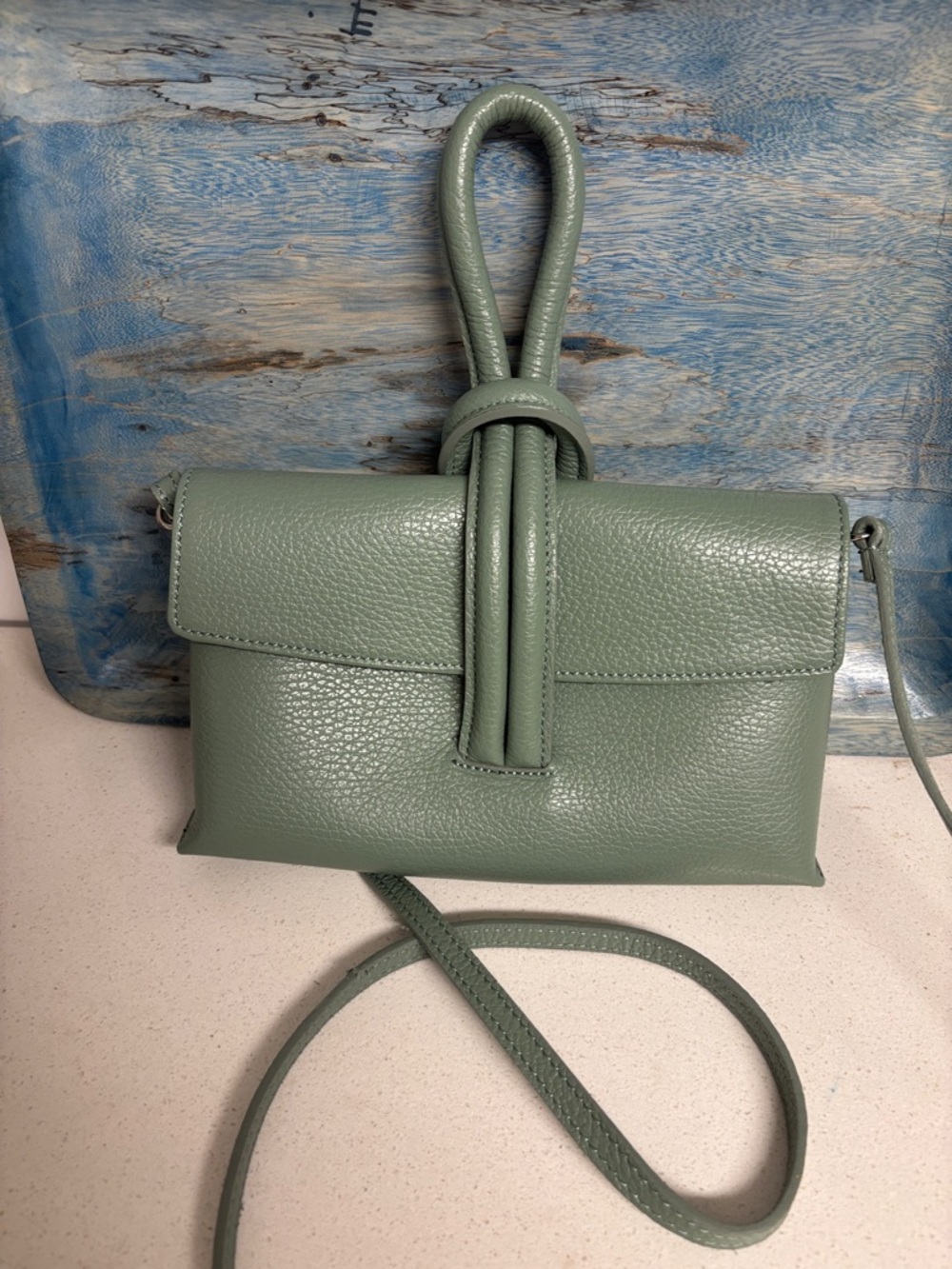 Pebbled Sage Green Crossbody Bag with Knotted Loop Detail